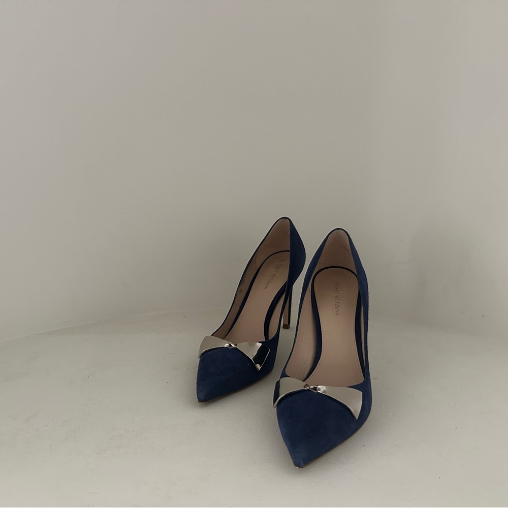 Stuart Weitzman Navy Blue Suede Pointed Toe Heels with Silver Accent